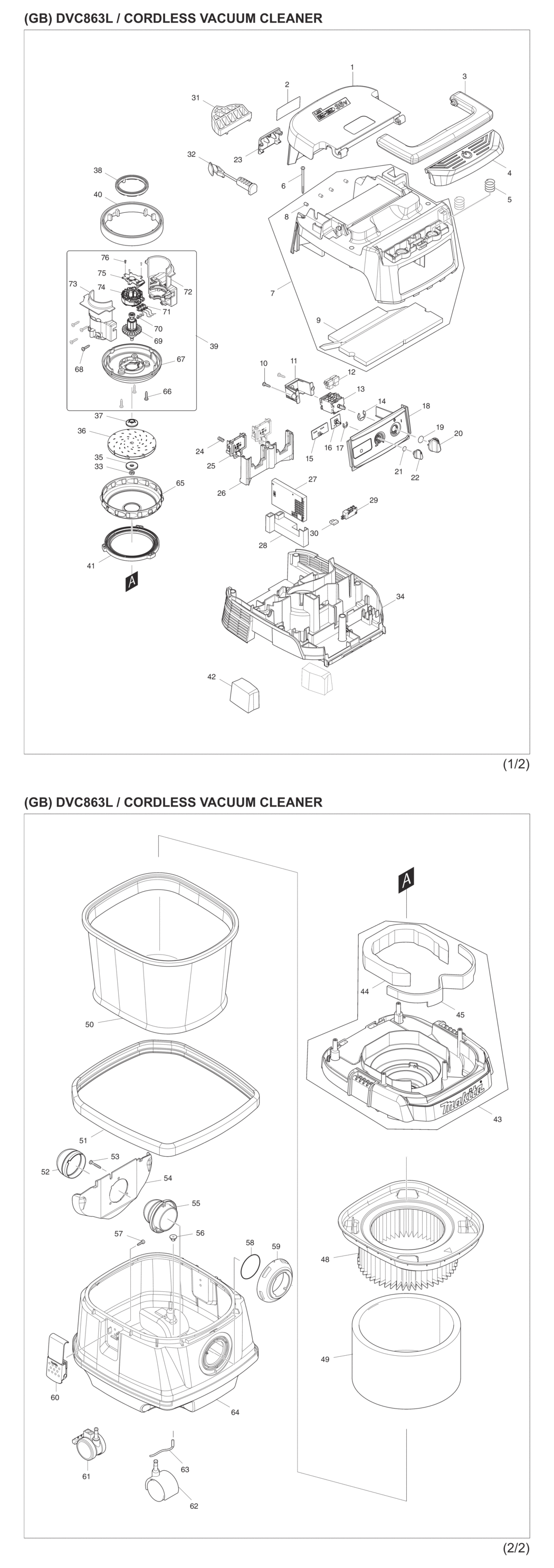 Makita DVC863LZ Cordless Vacuum Cleaner Spare Parts