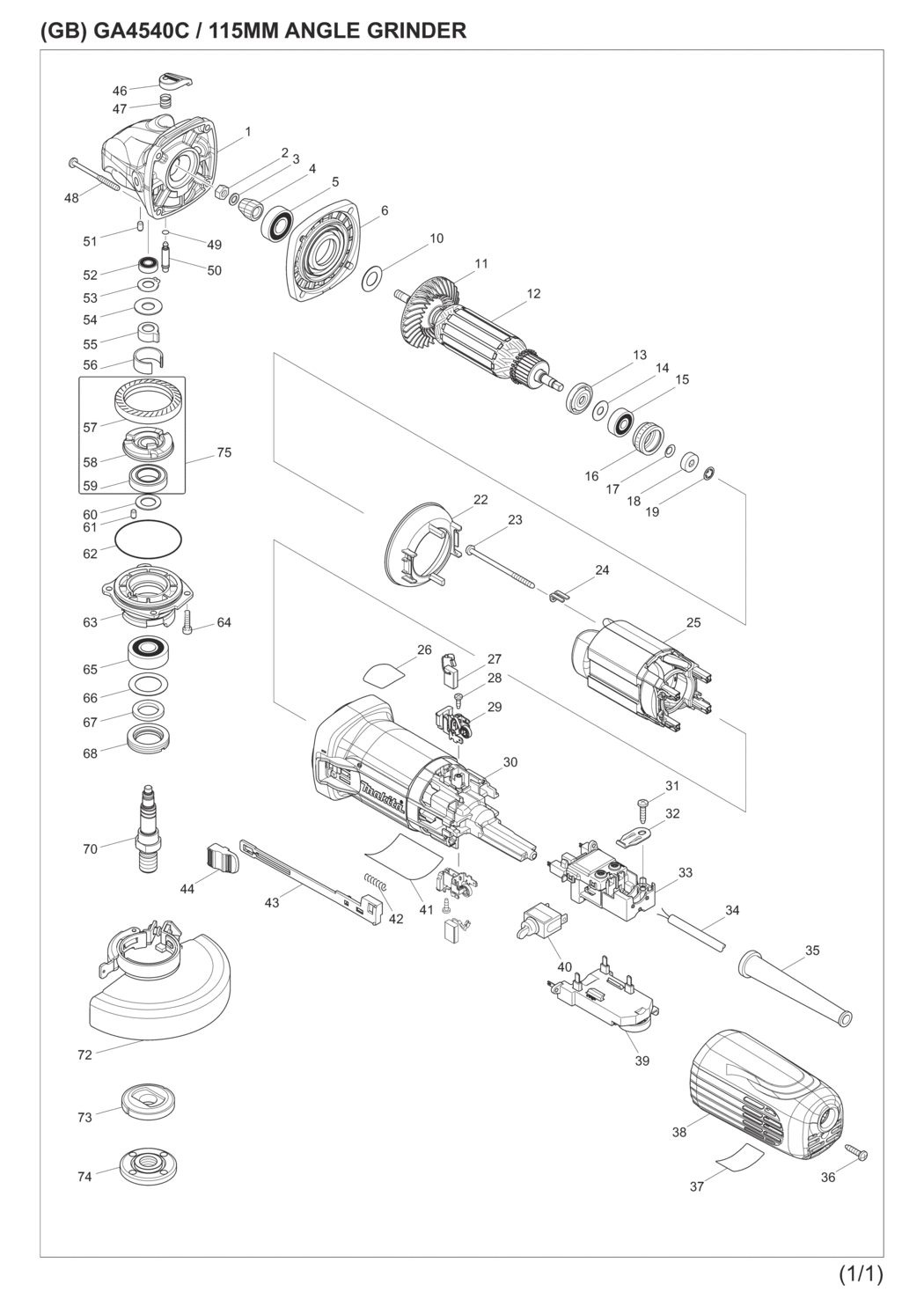 Makita GA4540C Angle Grinder Spare Parts