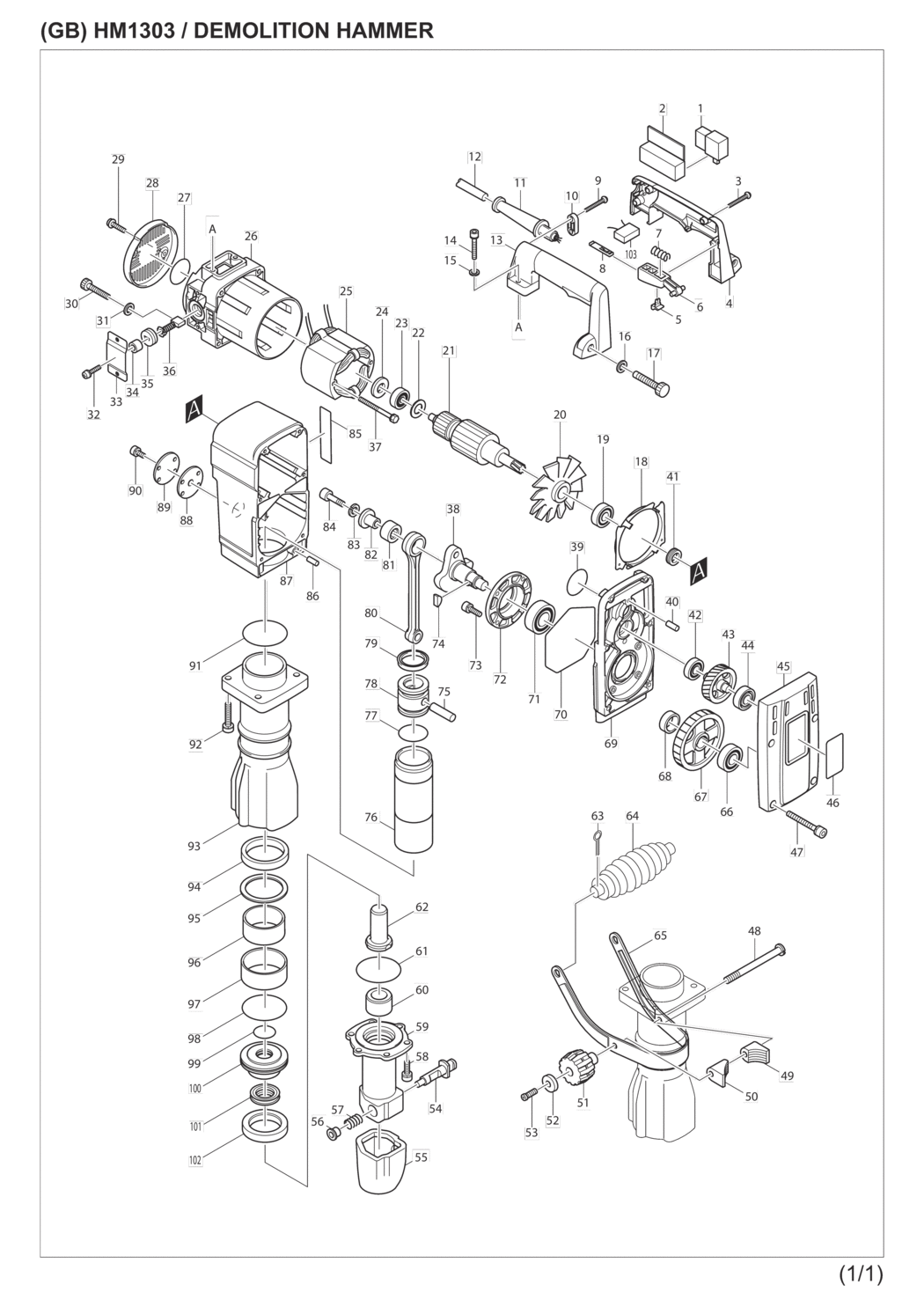 Makita HM1303 Demolition Hammer Spare Parts