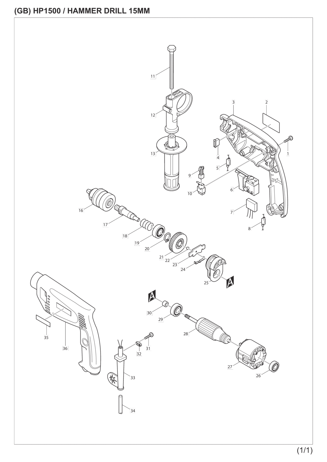 Makita HP1500 Hammer Drill Spare Parts