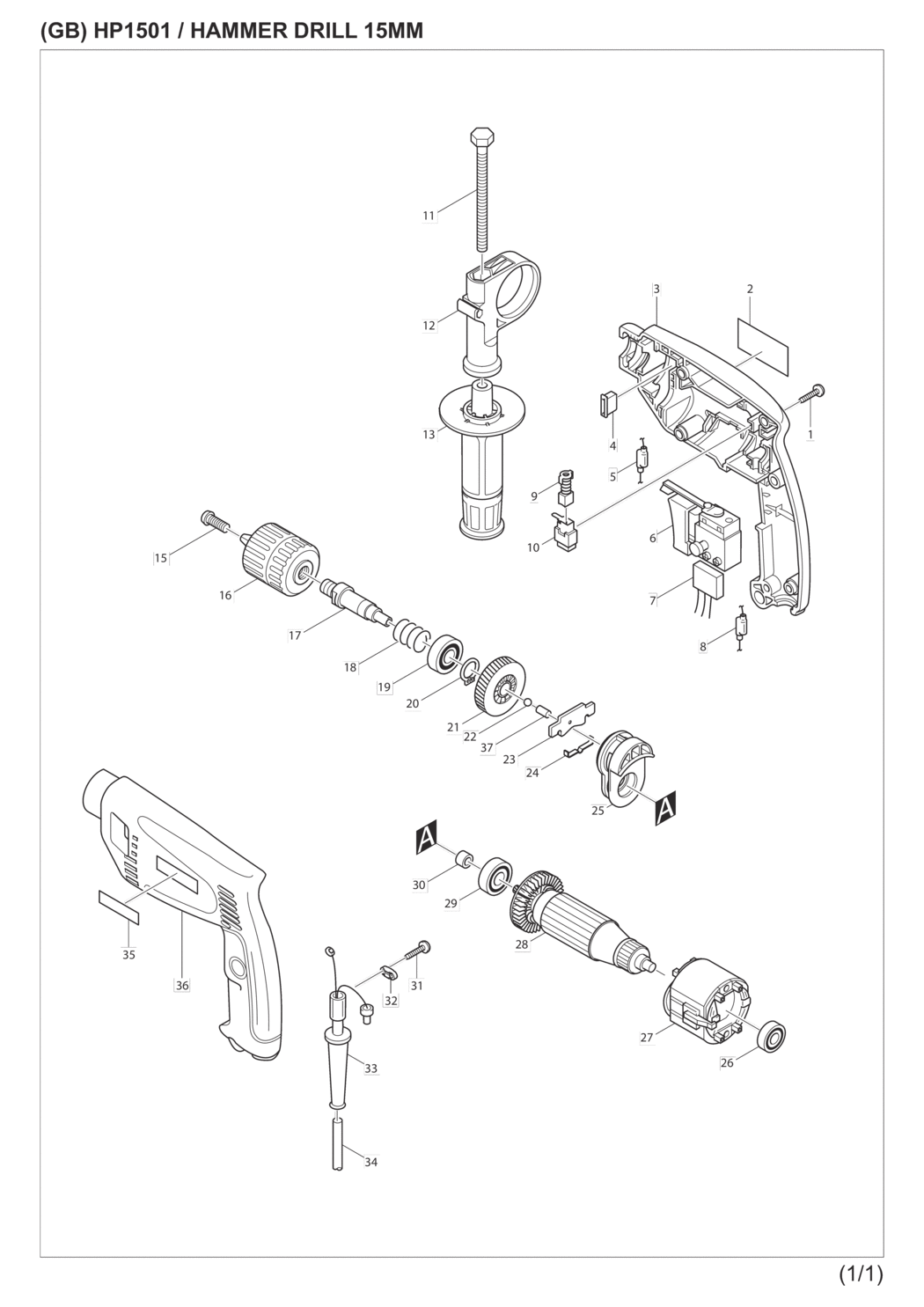 Makita HP1501K Hammer Drill Spare Parts