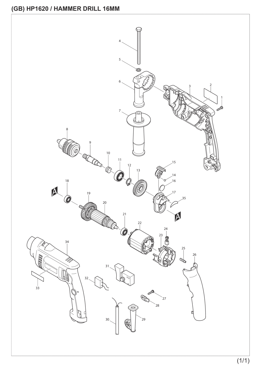 Makita HP1620K Hammer Drill Spare Parts