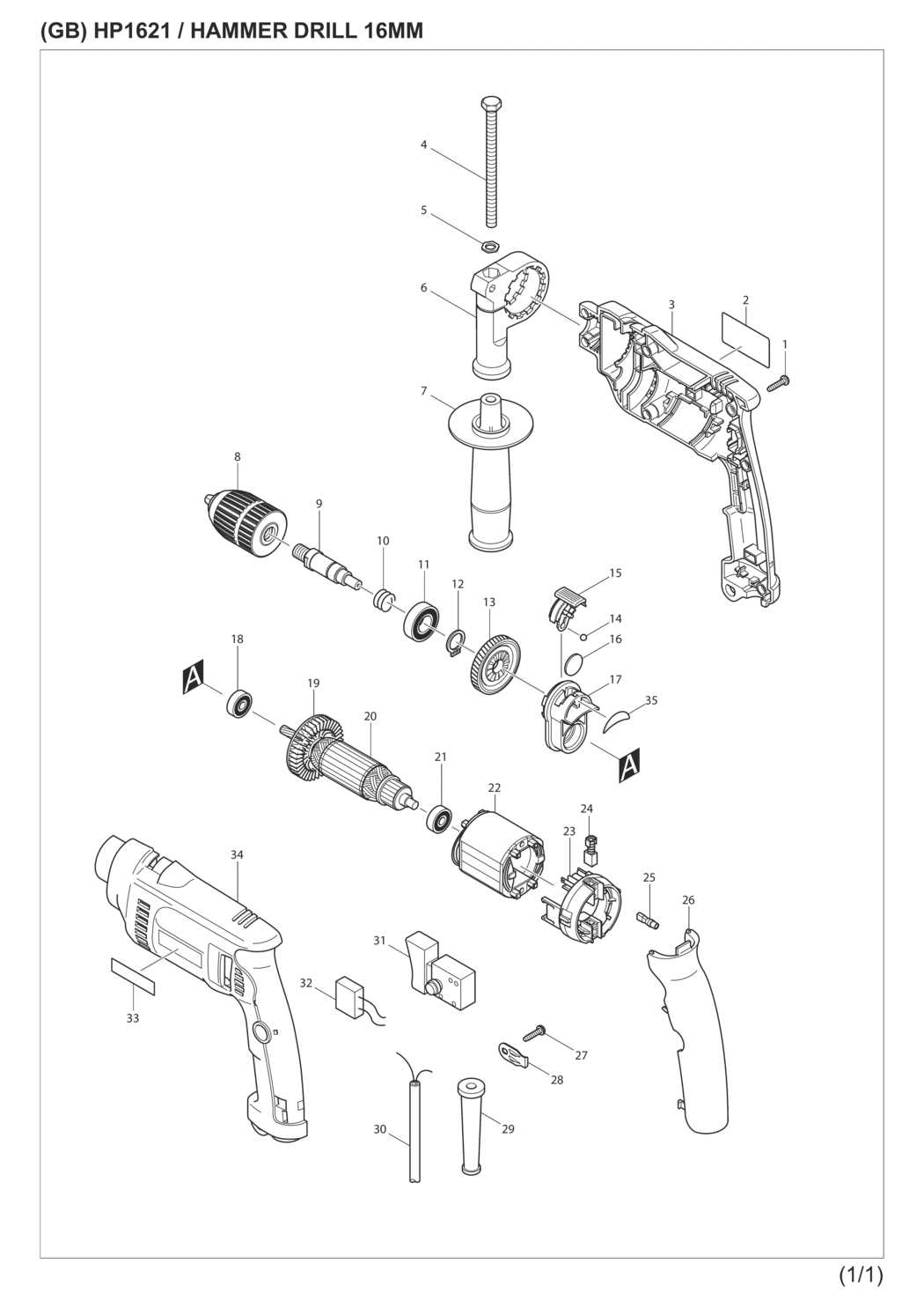 Makita HP1621 Hammer Drill Spare Parts