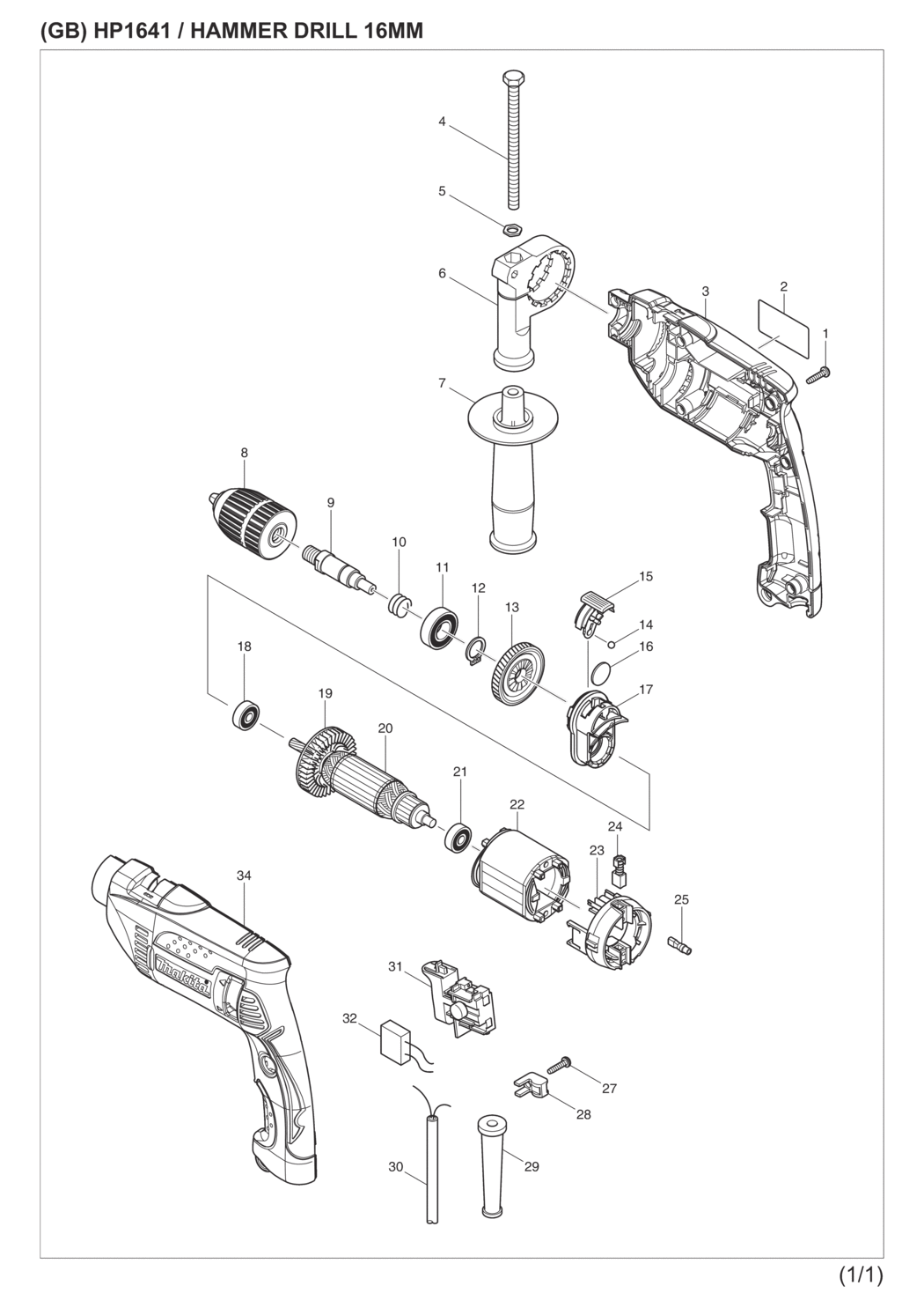 Makita HP1641 Hammer Drill Spare Parts