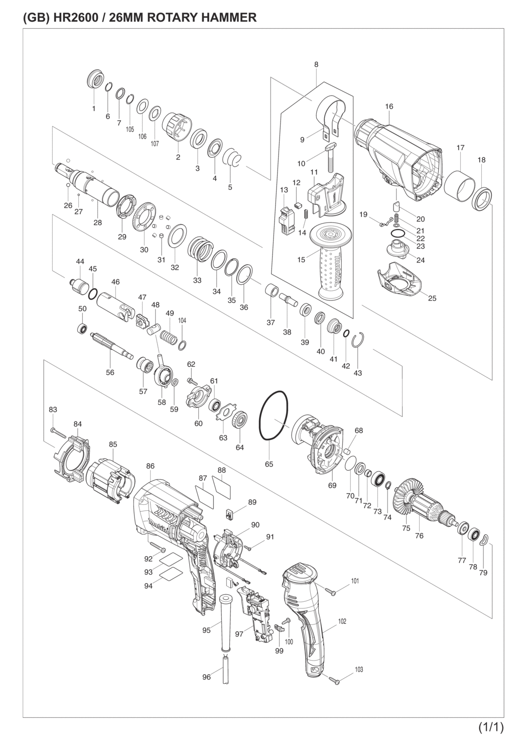 Makita HR2600X1 Rotary Hammer Spare Parts