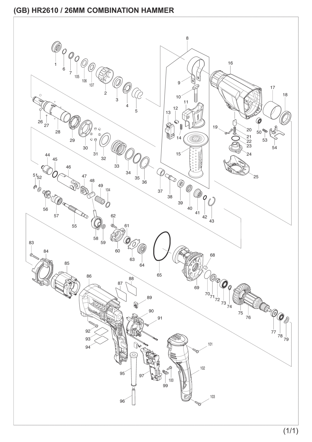Makita HR2610 Combination Hammer Spare Parts