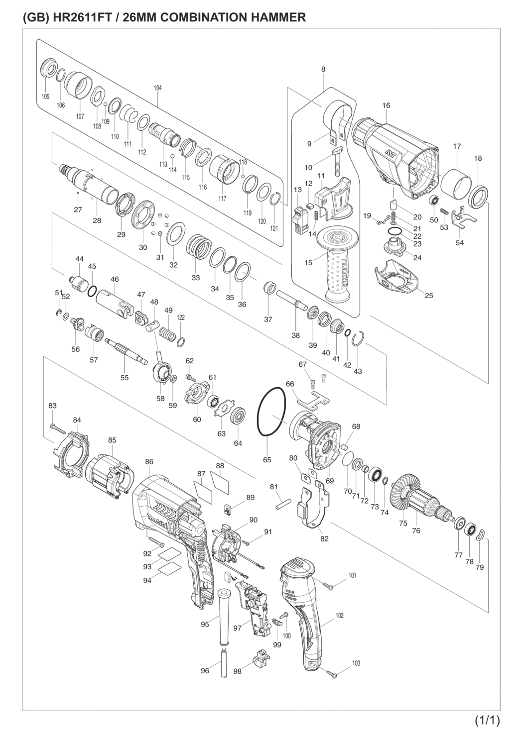 Makita HR2611FT Combination Hammer Spare Parts