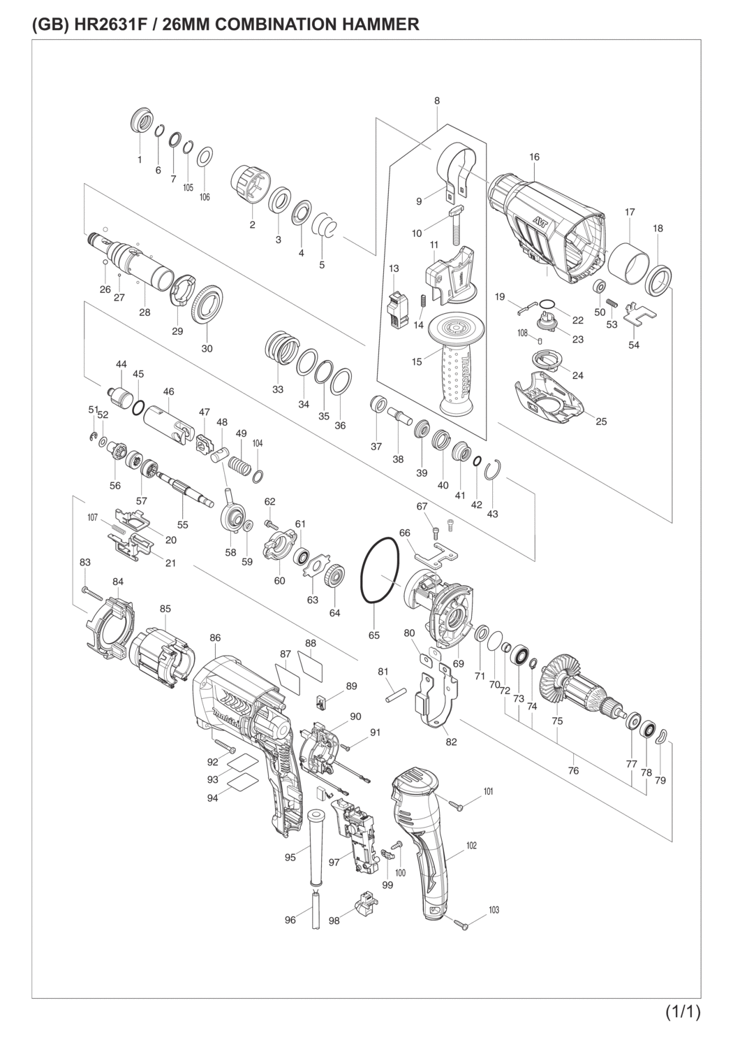 Makita HR2631F Combination Hammer Spare Parts