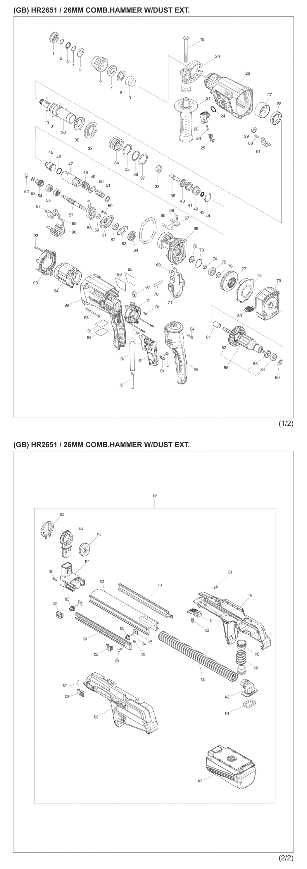 Makita HR2651 Combination Hammer with Self Dust Collection Spare Parts