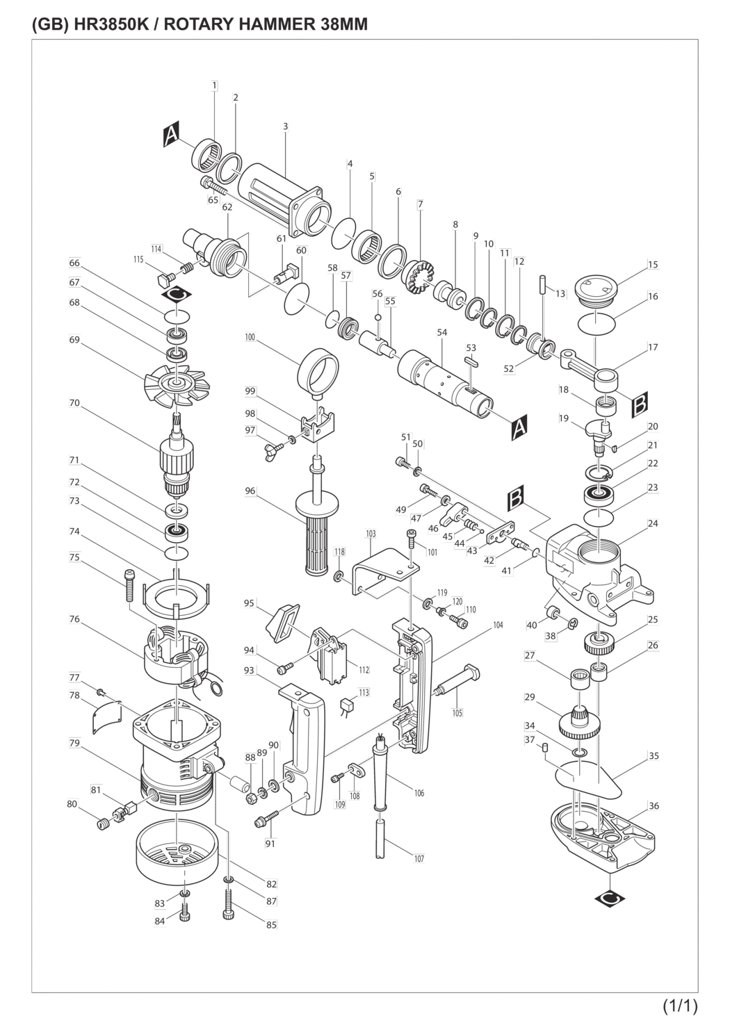 Makita HR3850K Rotary Hammer Spare Parts