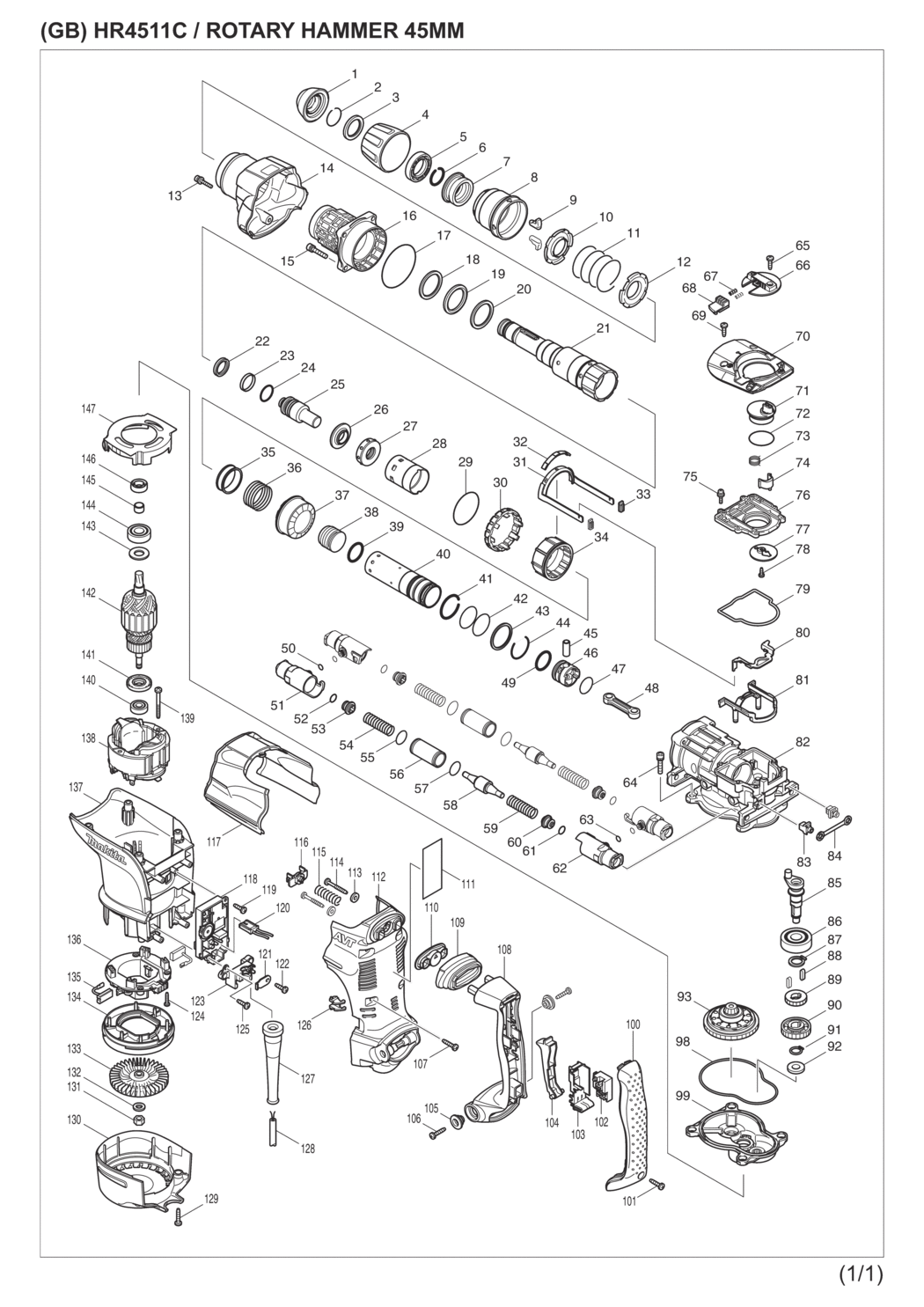 Makita HR4511C Rotary Hammer Spare Parts