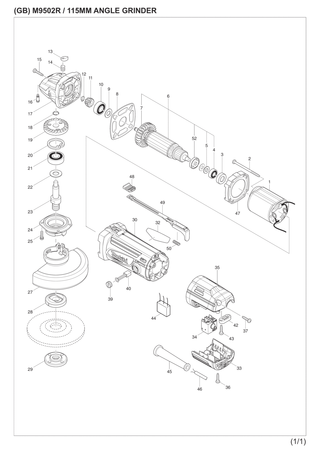 Makita M9502R Angle Grinder Spare Parts
