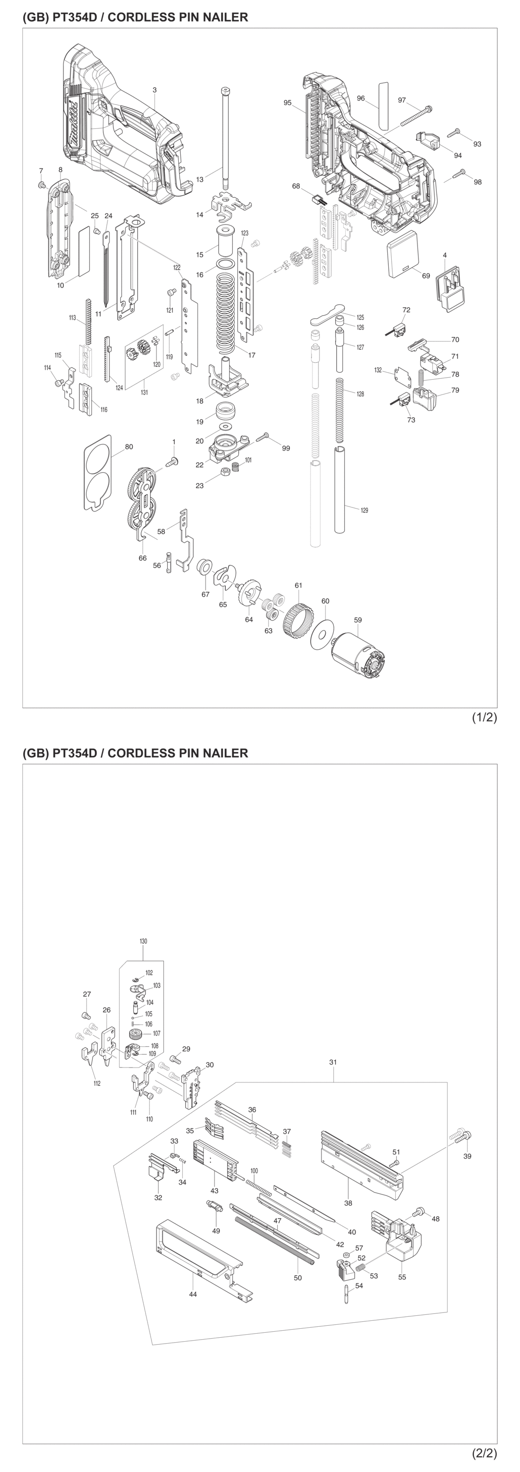 Makita PT354DZ Cordless Pin Nailer Spare Parts