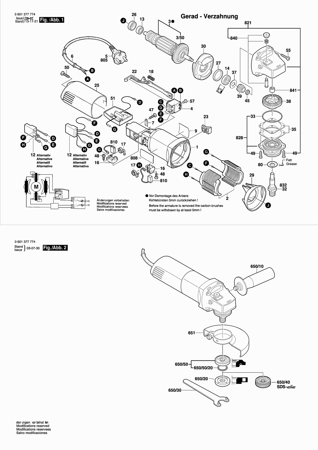 Bosch GWS 850 C / 0601377774 / CH 230 Volt Spare Parts