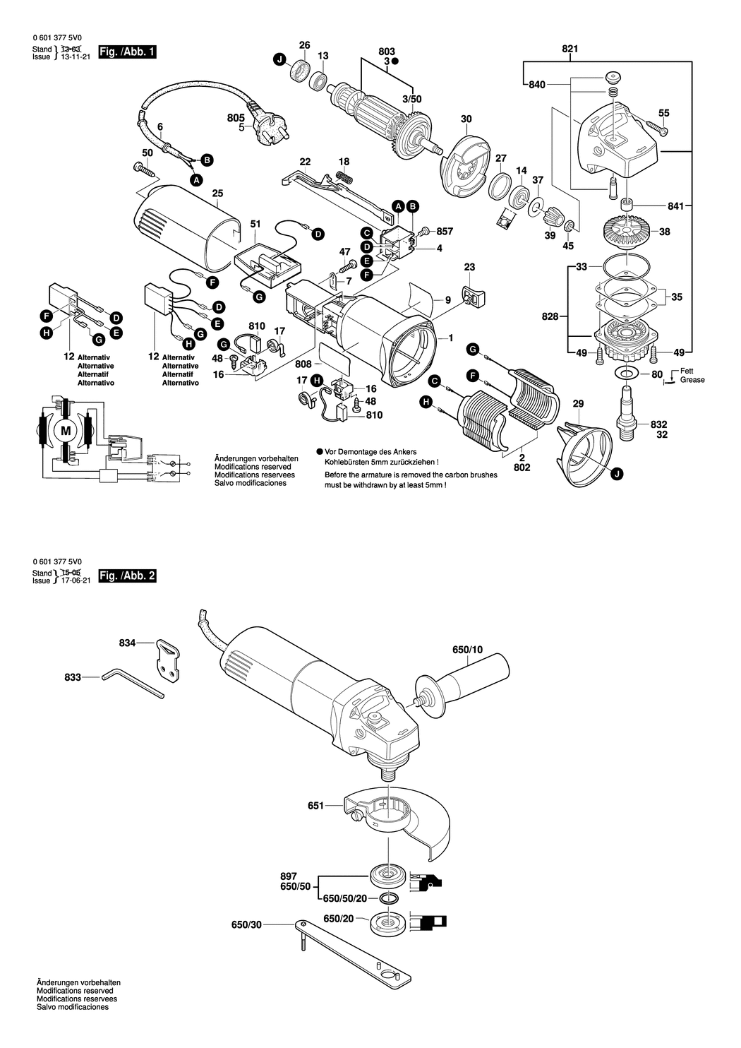Bosch GWS 850 CE / 06013787V1 / EU 230 Volt Spare Parts