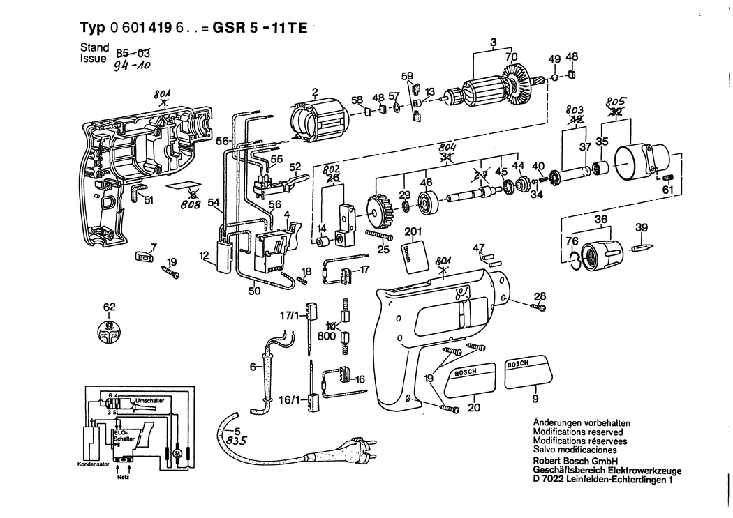 Bosch GSR 5-11 TE / 0601419648 / F 220 Volt Spare Parts