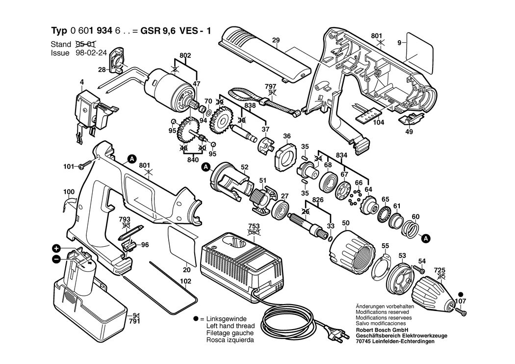 Bosch GSR 9.6 VES-1 / 0601934655 / EU 9.6 Volt Spare Parts
