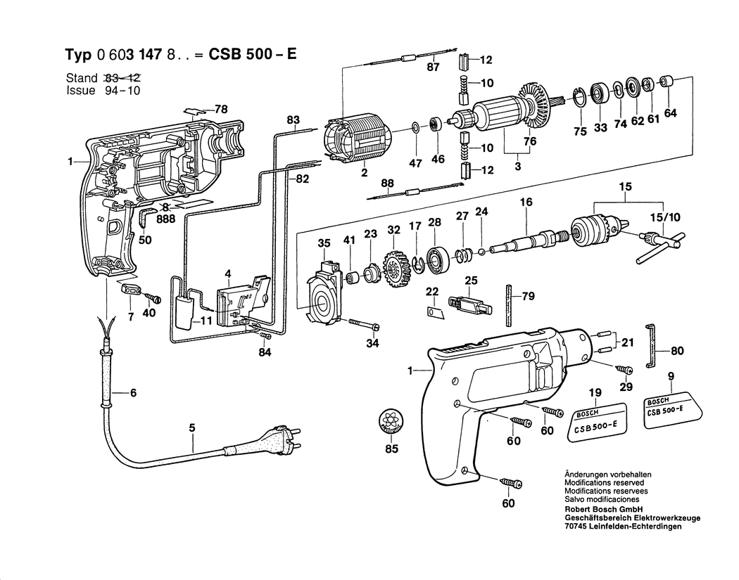Bosch CSB 500-E / 0603147832 / CH 220 Volt Spare Parts