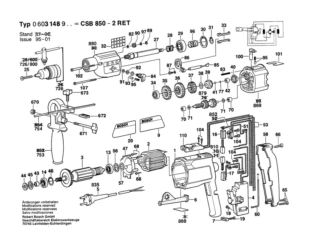 Bosch CSB 850-2 RET / 0603148948 / F 220 Volt Spare Parts