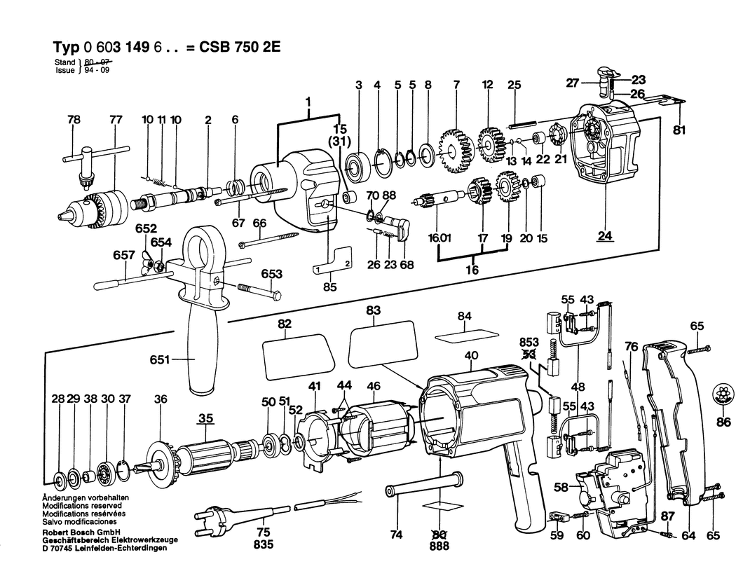 Bosch CSB 750-2 E / 0603149632 / CH 220 Volt Spare Parts