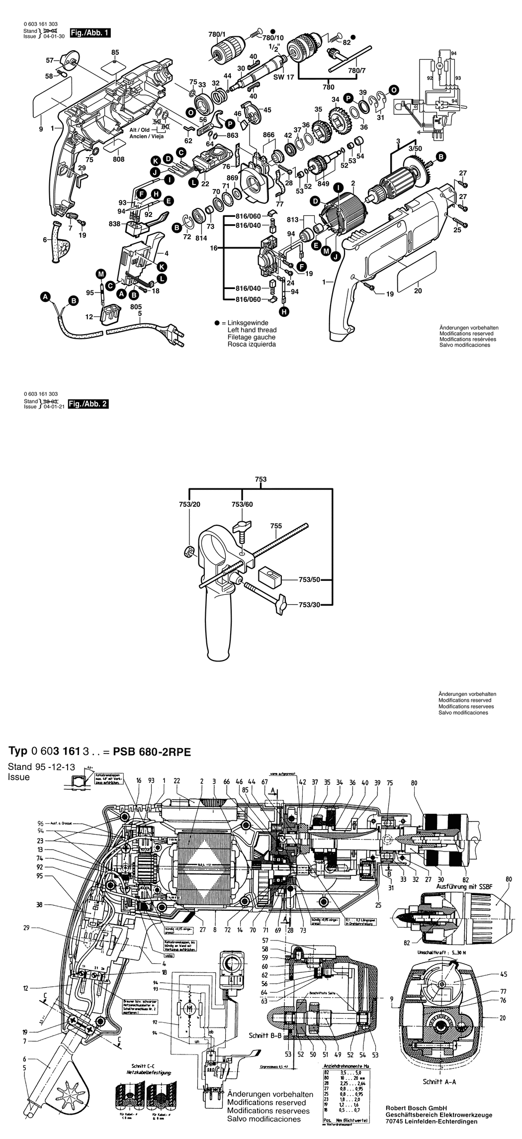 Bosch PSB 680-2 RPE / 0603161332 / CH 230 Volt Spare Parts