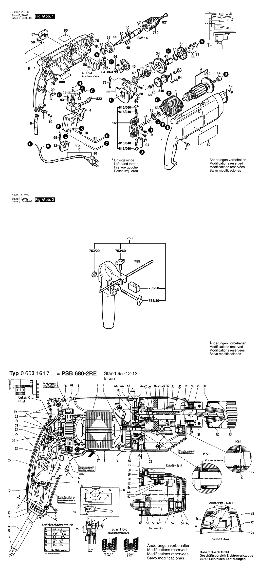 Bosch PSB 680-2 RE / 0603161703 / EU 230 Volt Spare Parts
