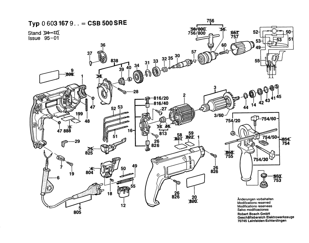 Bosch CSB 500 SRE / 0603167932 / CH 220 Volt Spare Parts