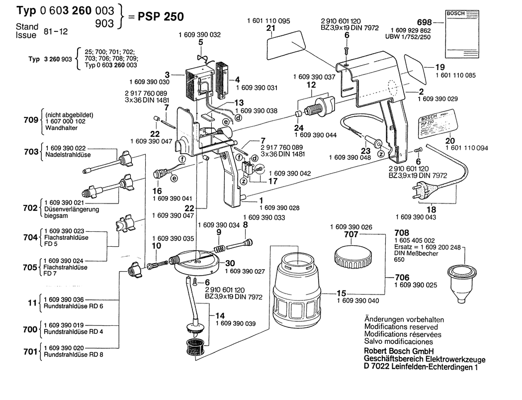 Bosch PSP 250 / 0603260042 / GB 240 Volt Spare Parts
