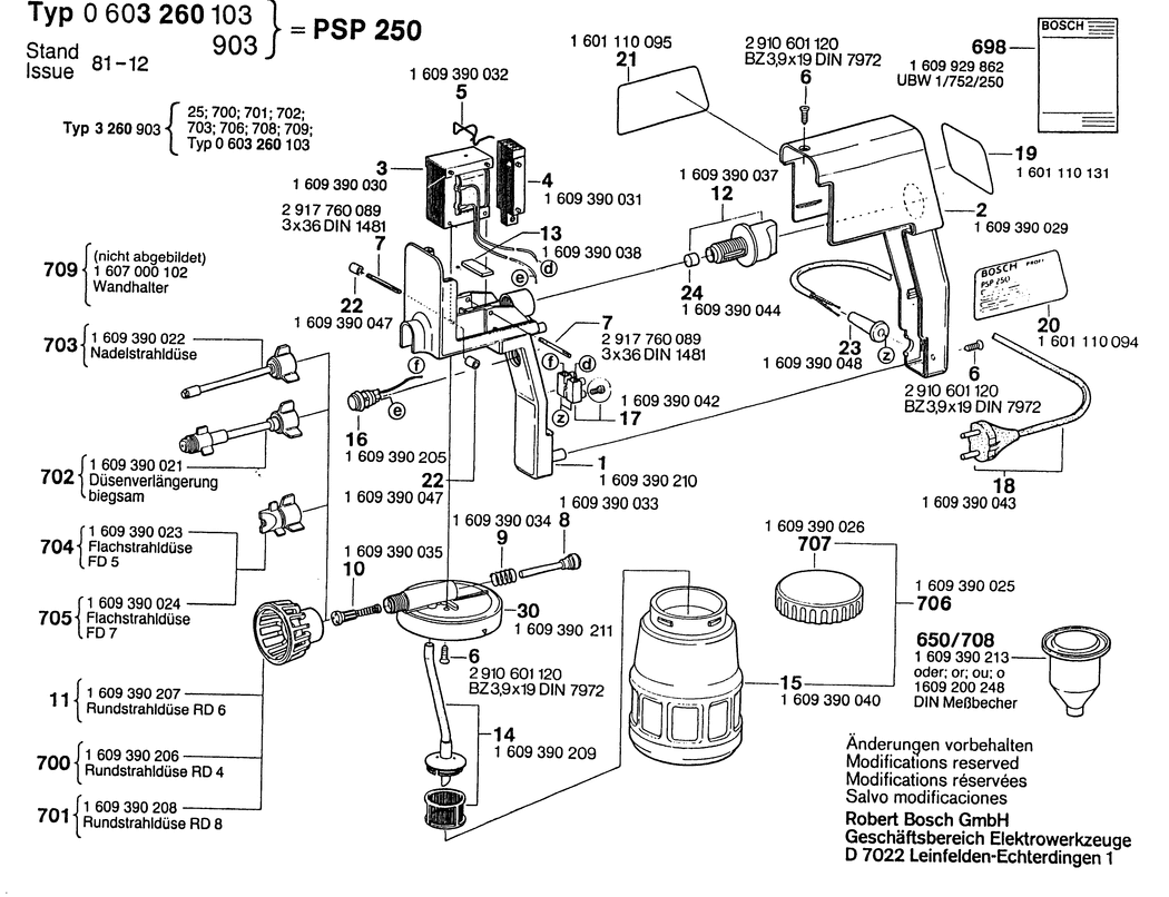 Bosch PSP 250 / 0603260142 / GB 220 Volt Spare Parts