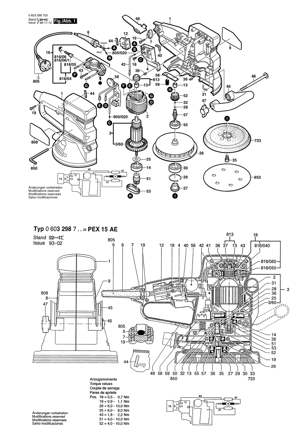 Bosch PEX 15 AE / 0603298703 / EU 230 Volt Spare Parts