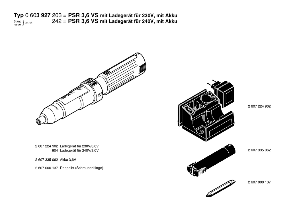 Bosch PSR 3.6 V / 0603927203 / EU 3.6 Volt Spare Parts