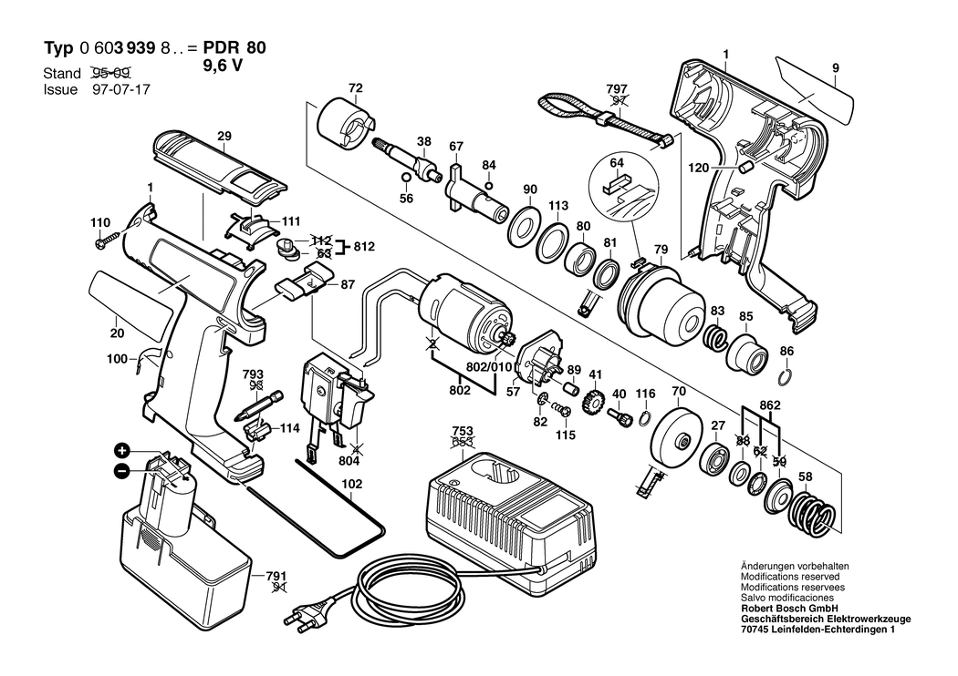 Bosch PDR 9.6 VE / 0603939803 / EU 9.6 Volt Spare Parts