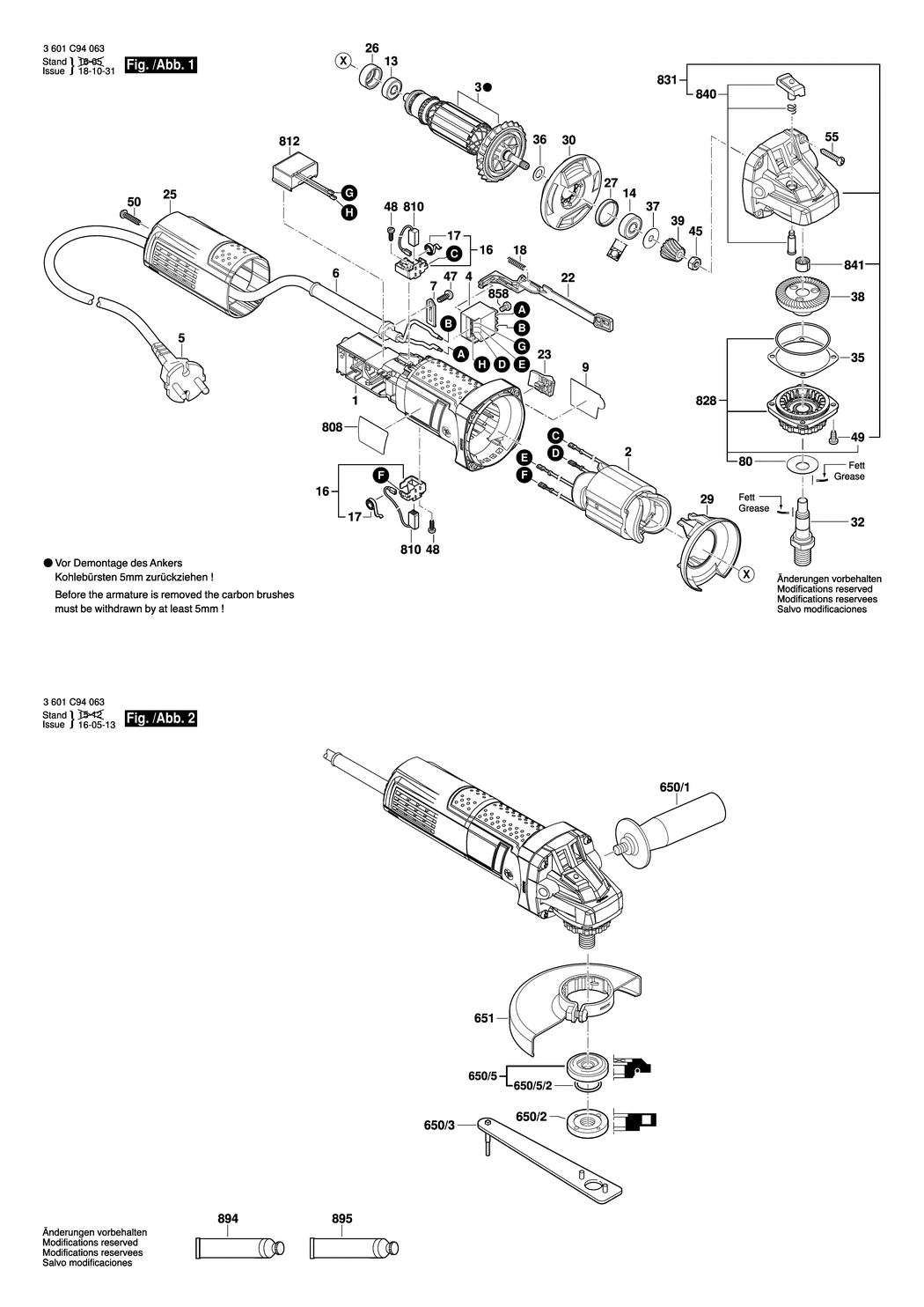 Bosch GWS 750 / 3601C94261 / GB 110 Volt Spare Parts