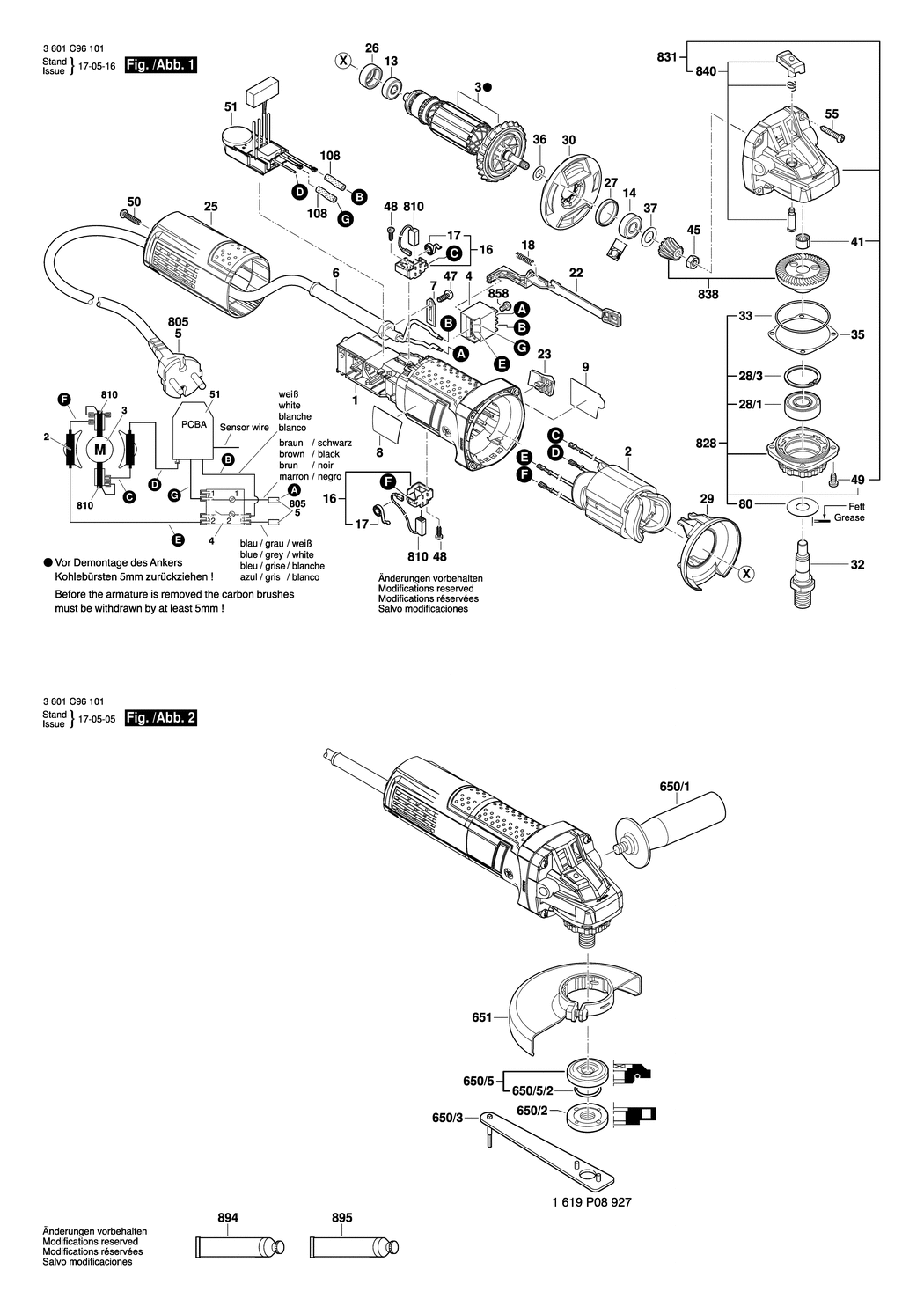 Bosch GWS 9-125 S / 3601C96102 / EU 230 Volt Spare Parts