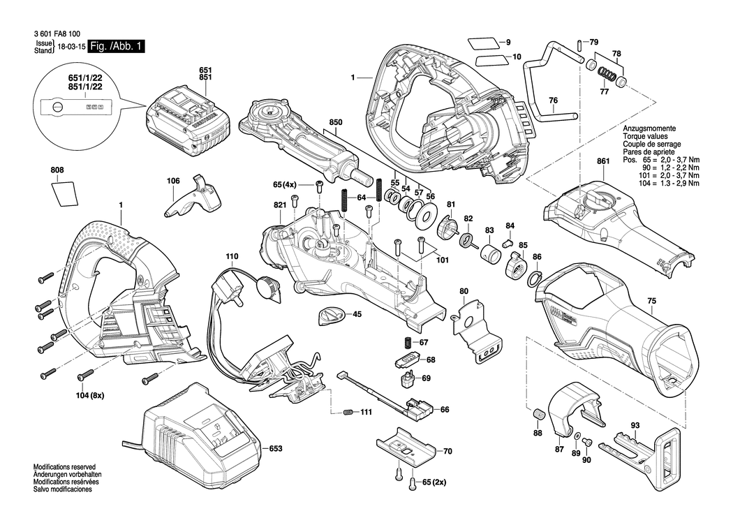 Bosch GSA 18V-32 / 3601FA8100 / EU 18 Volt Spare Parts