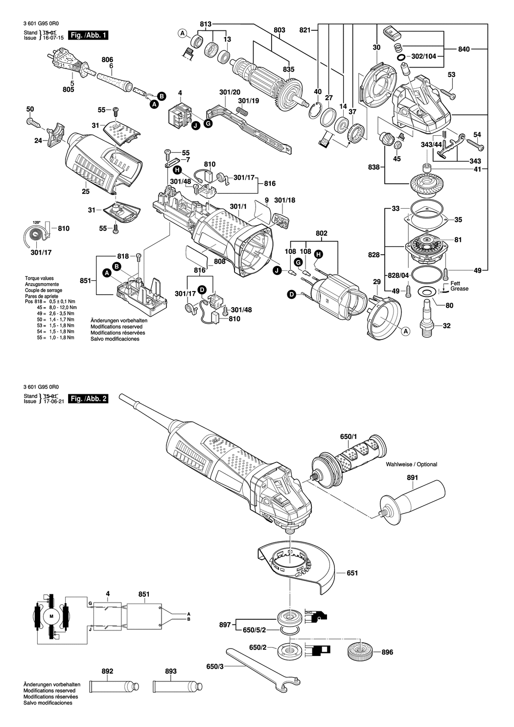 Bosch GWS 17-150 CI / 3601G980R0 / EU 230 Volt Spare Parts
