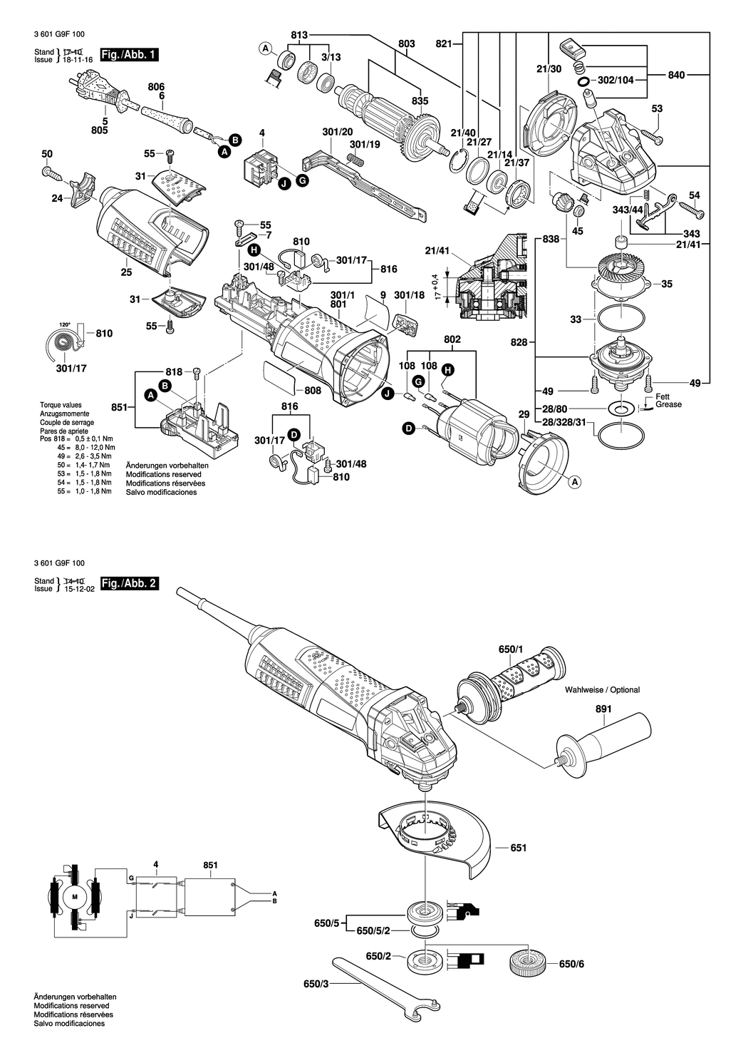Bosch GWS 13-125 CIEX / 3601G9F100 / EU 230 Volt Spare Parts