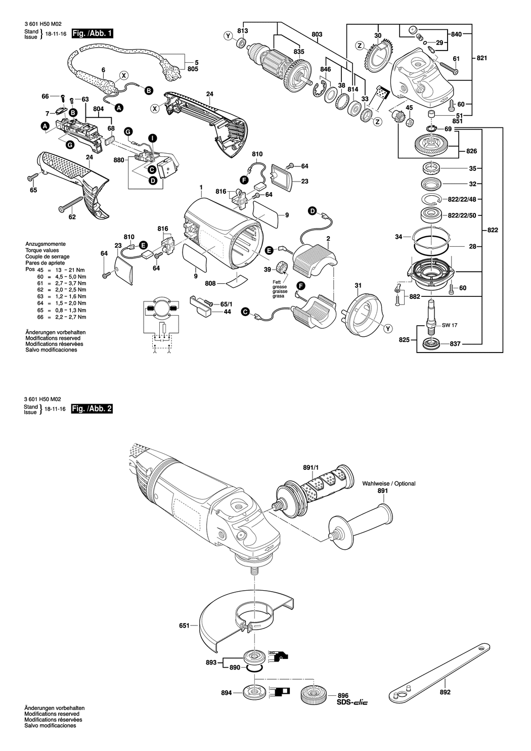 Bosch GWS 20-230 JH / 3601H50M02 / EU 230 Volt Spare Parts