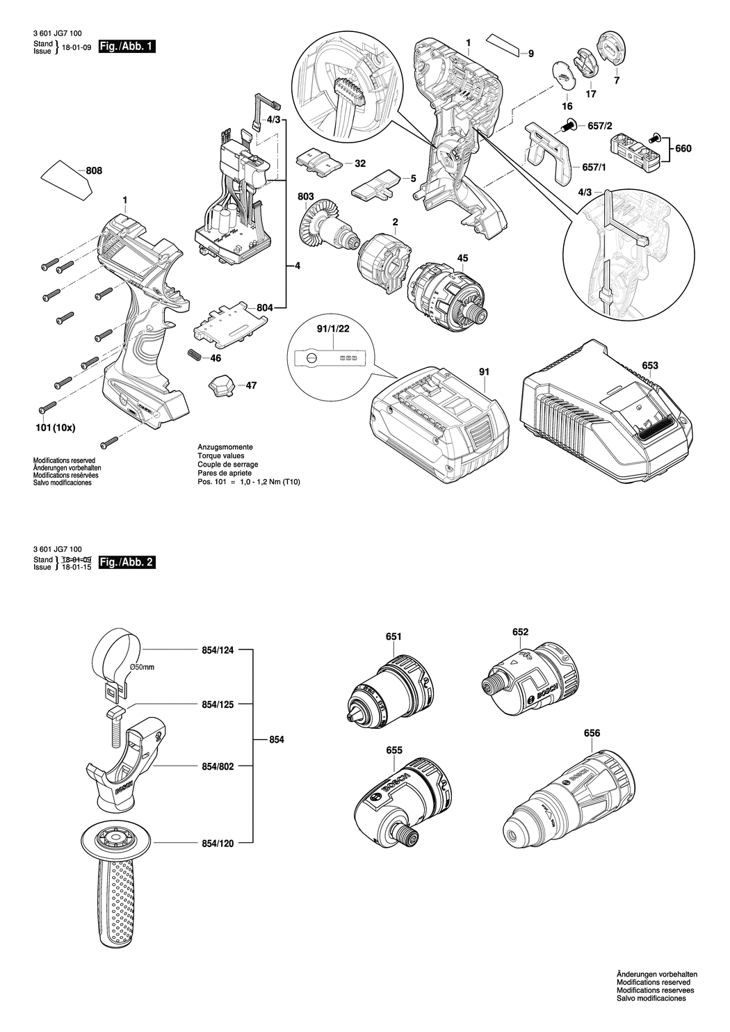 Bosch GSR 18V-60 FC / 3601JG7100 / EU 18 Volt Spare Parts
