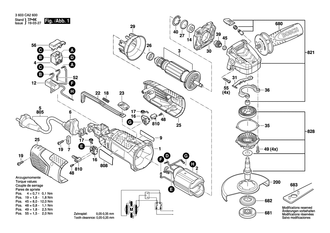 Bosch PWS 1000-125 / 3603CA2600 / EU 230 Volt Spare Parts