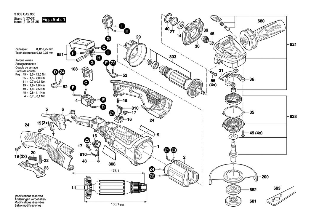 Bosch PWS 1300-125 CE / 3603CA2900 / EU 230 Volt Spare Parts