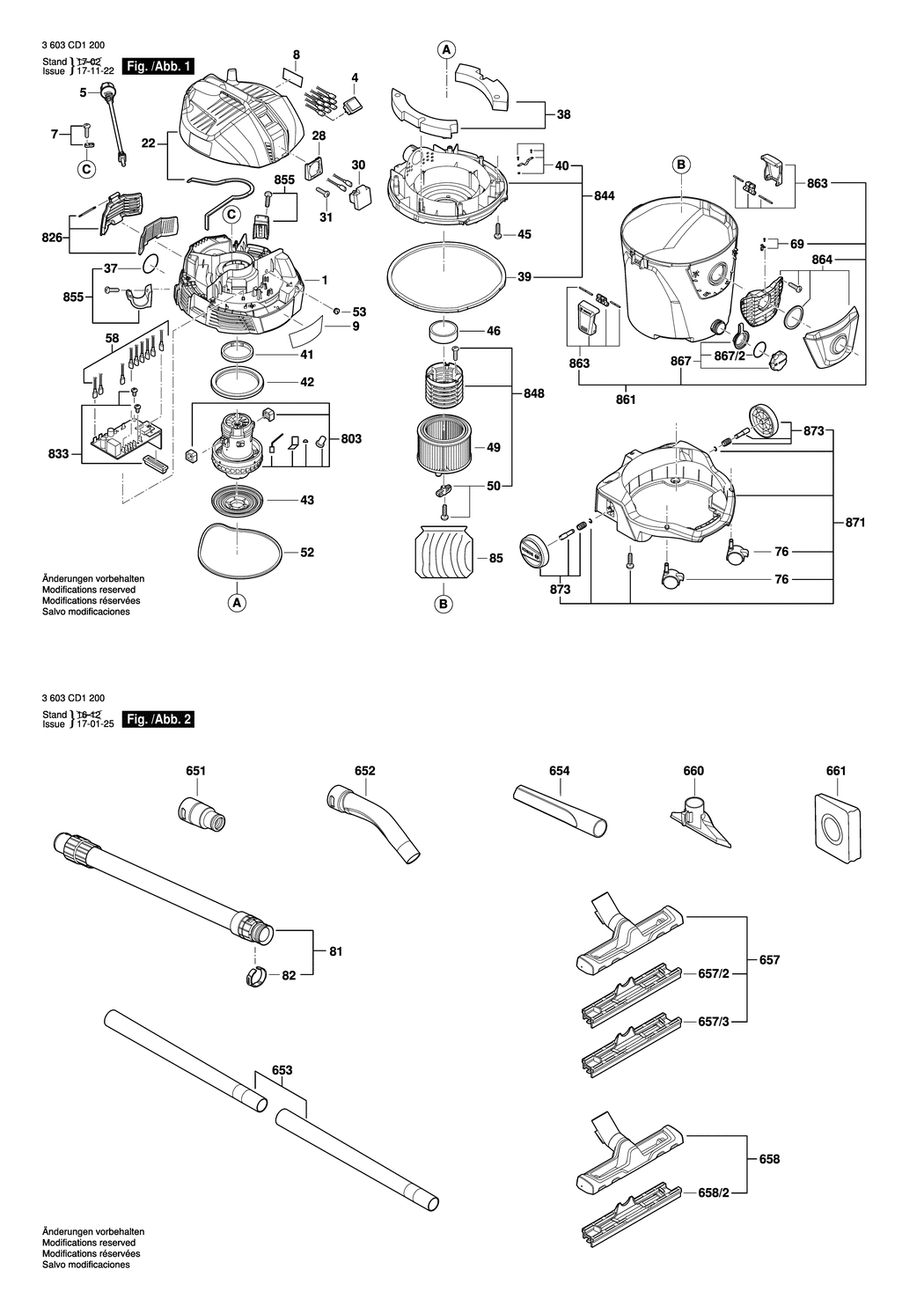 Bosch AdvancedVac 20 / 3603CD1200 / EU 230 Volt Spare Parts