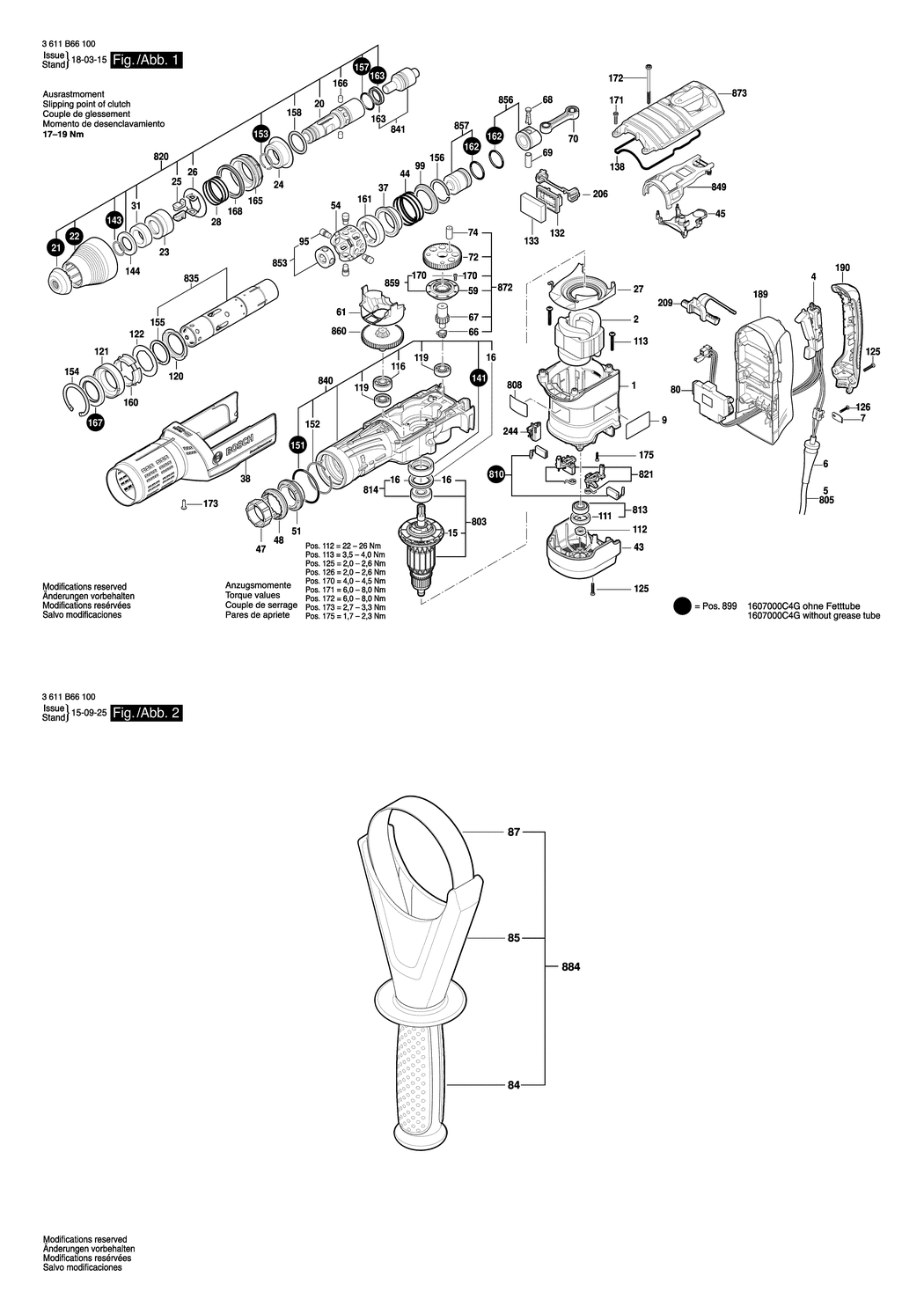 Bosch GBH 12-52 D / 3611B661E0 / --- 220 Volt Spare Parts