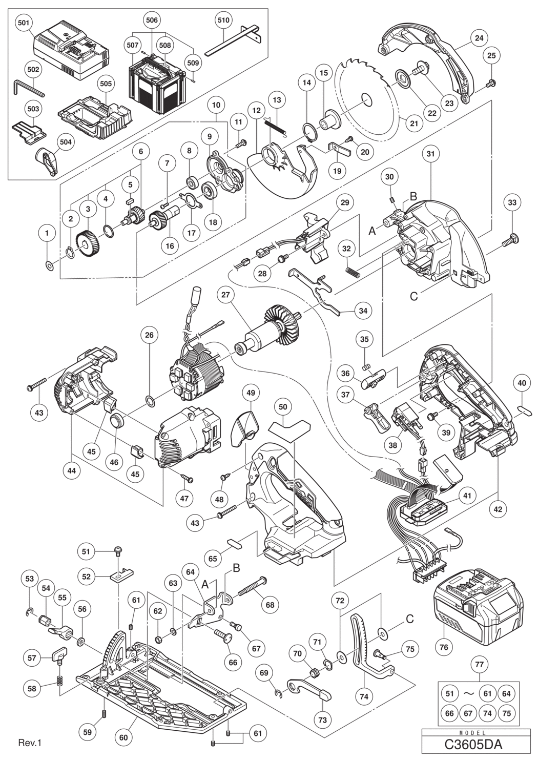 Hitachi / Hikoki C3605DA Cordless Circular Saw Spare Parts