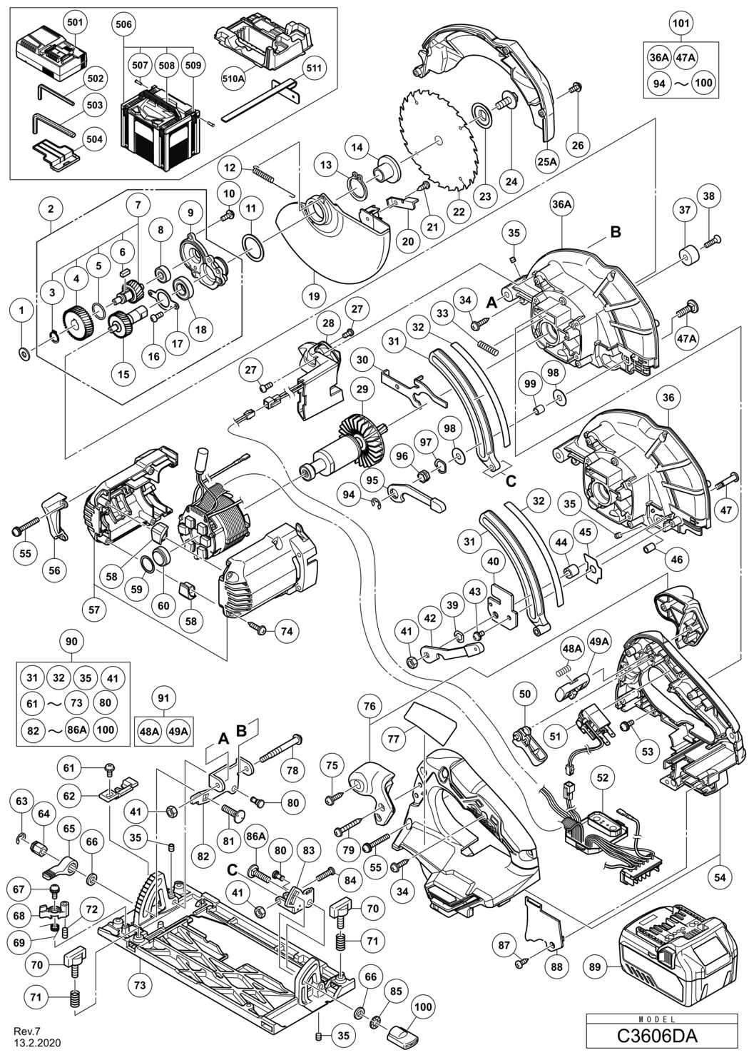 Hitachi / Hikoki C3606DA Cordless Circular Saw Spare Parts