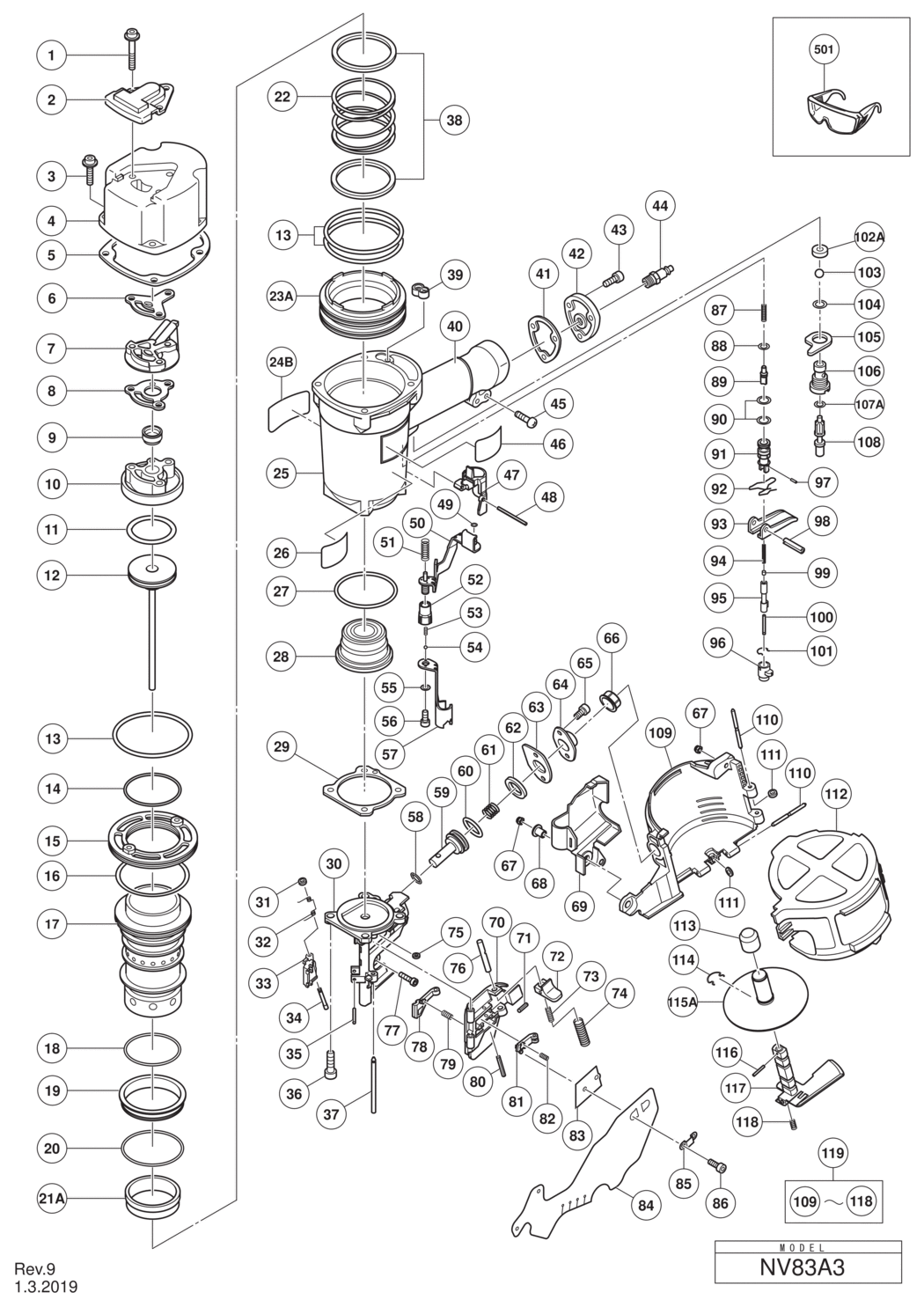 Hitachi / Hikoki NV83A3 Coil Nailer Spare Parts