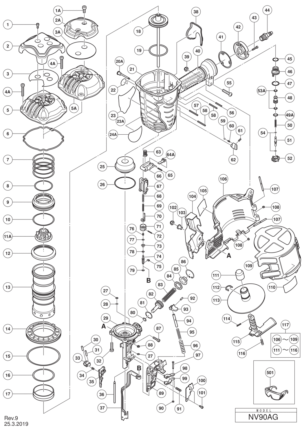 Hitachi / Hikoki NV90AG Coil Nailer Spare Parts