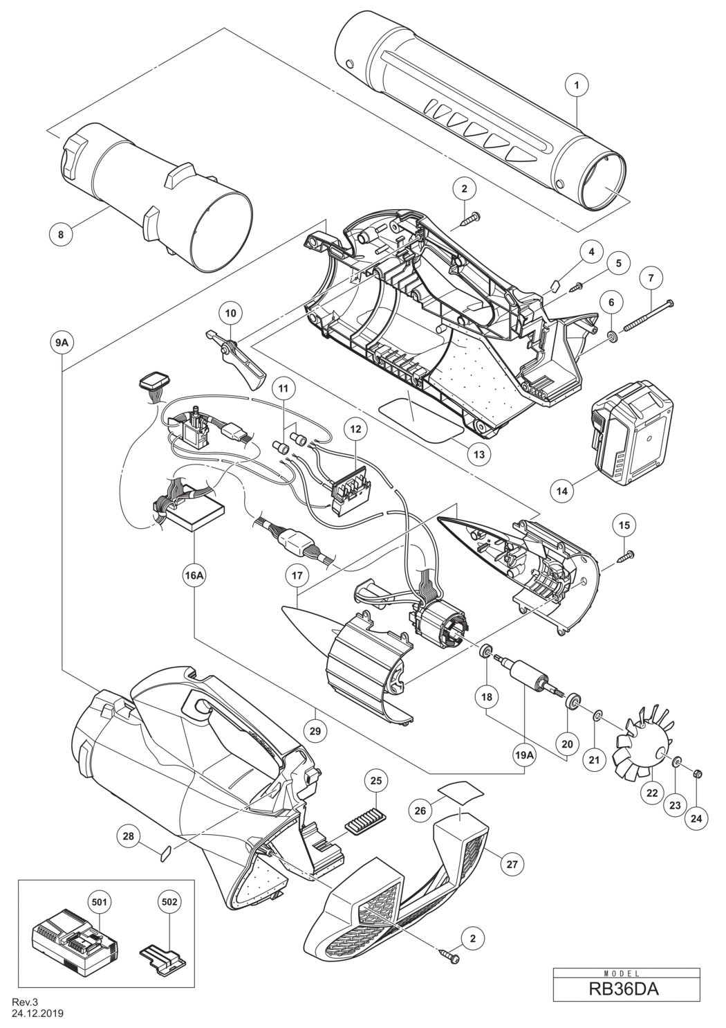 Hitachi / Hikoki RB36DA Cordless Blower Spare Parts