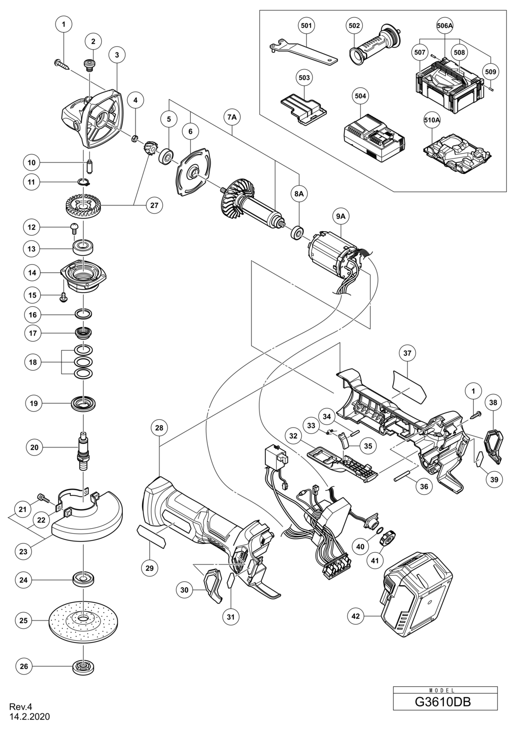 Hitachi / Hikoki G3610DB Cordless Disc Grinder Spare Parts
