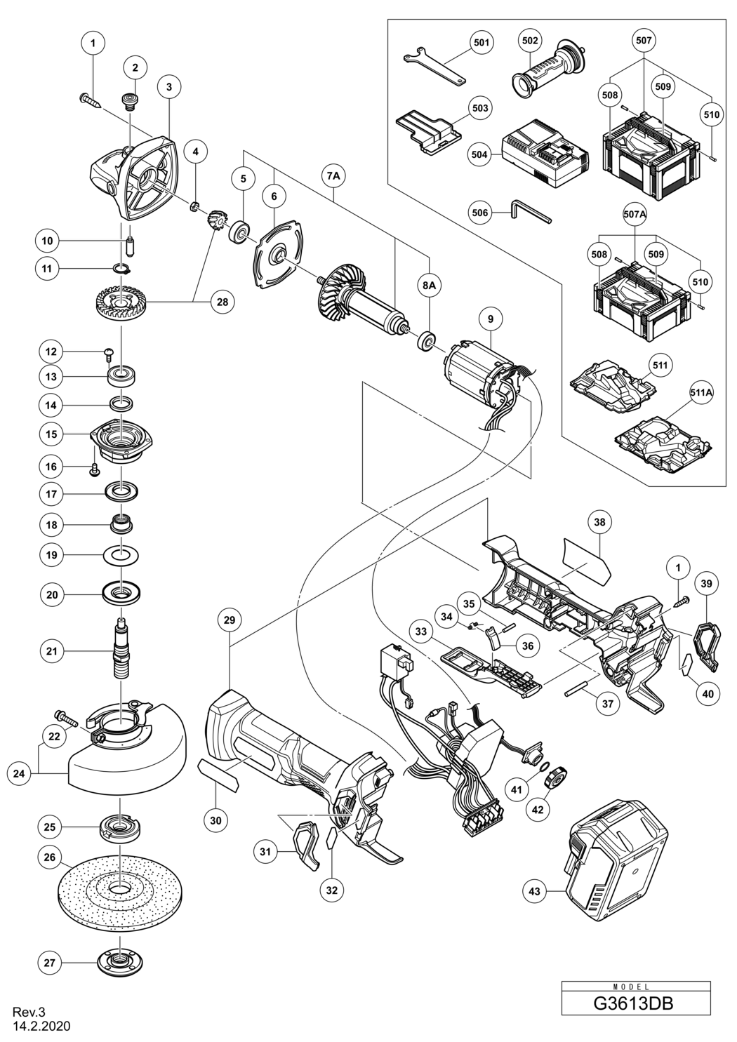 Hitachi / Hikoki G3613DB Cordless Disc Grinder Spare Parts